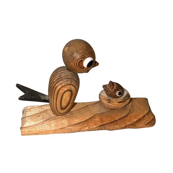 VTG MCM Japanese Otagiri Cryptomeria Mother Baby Bird Nest Hand Carved Figure - Picture 2 of 6